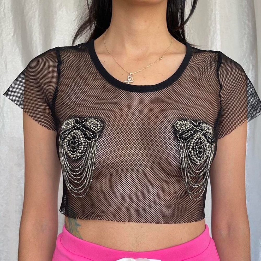 OHS Black Mesh Beaded Crop Top 🖤